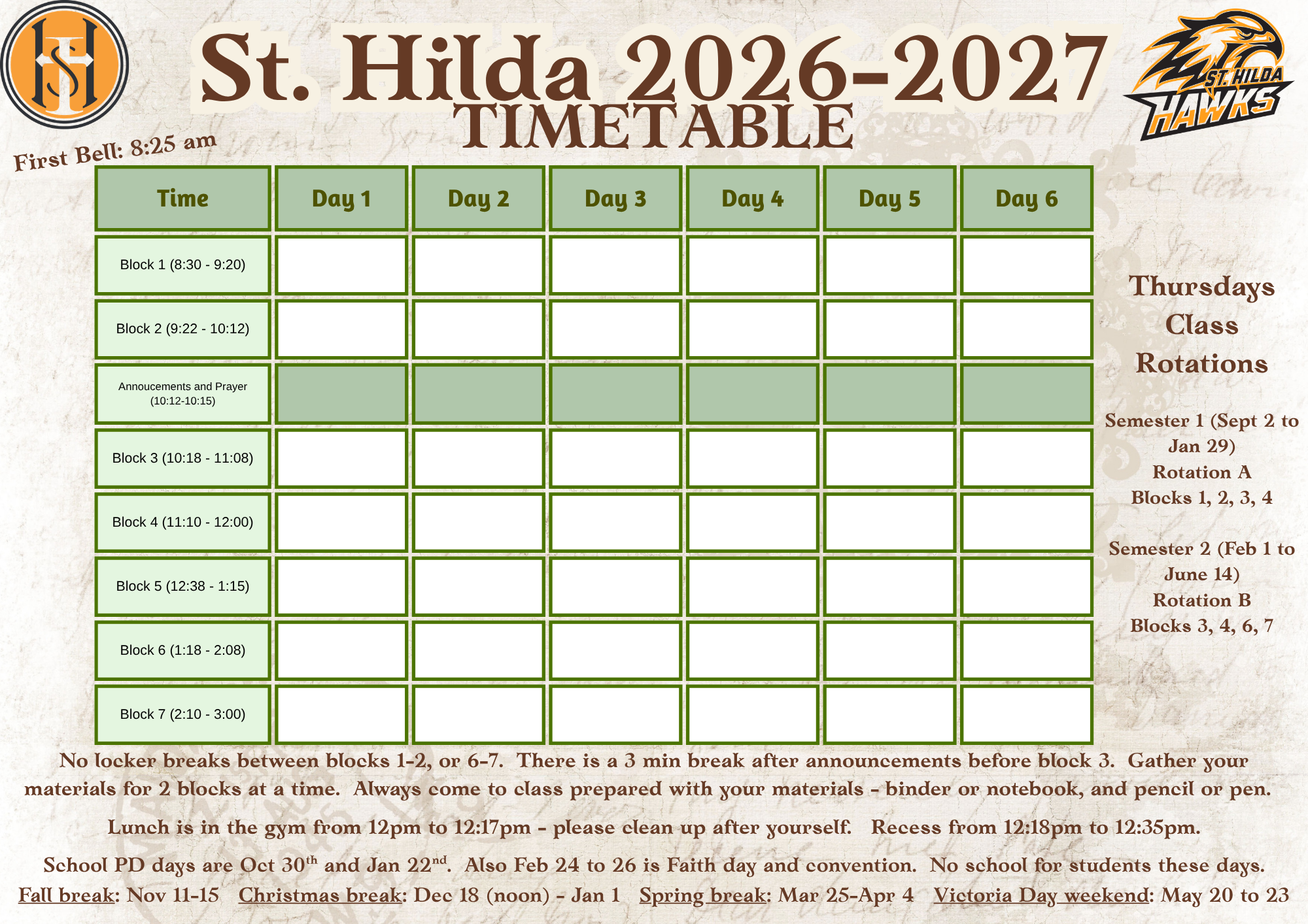 St Hilda Class Schedule 26 27